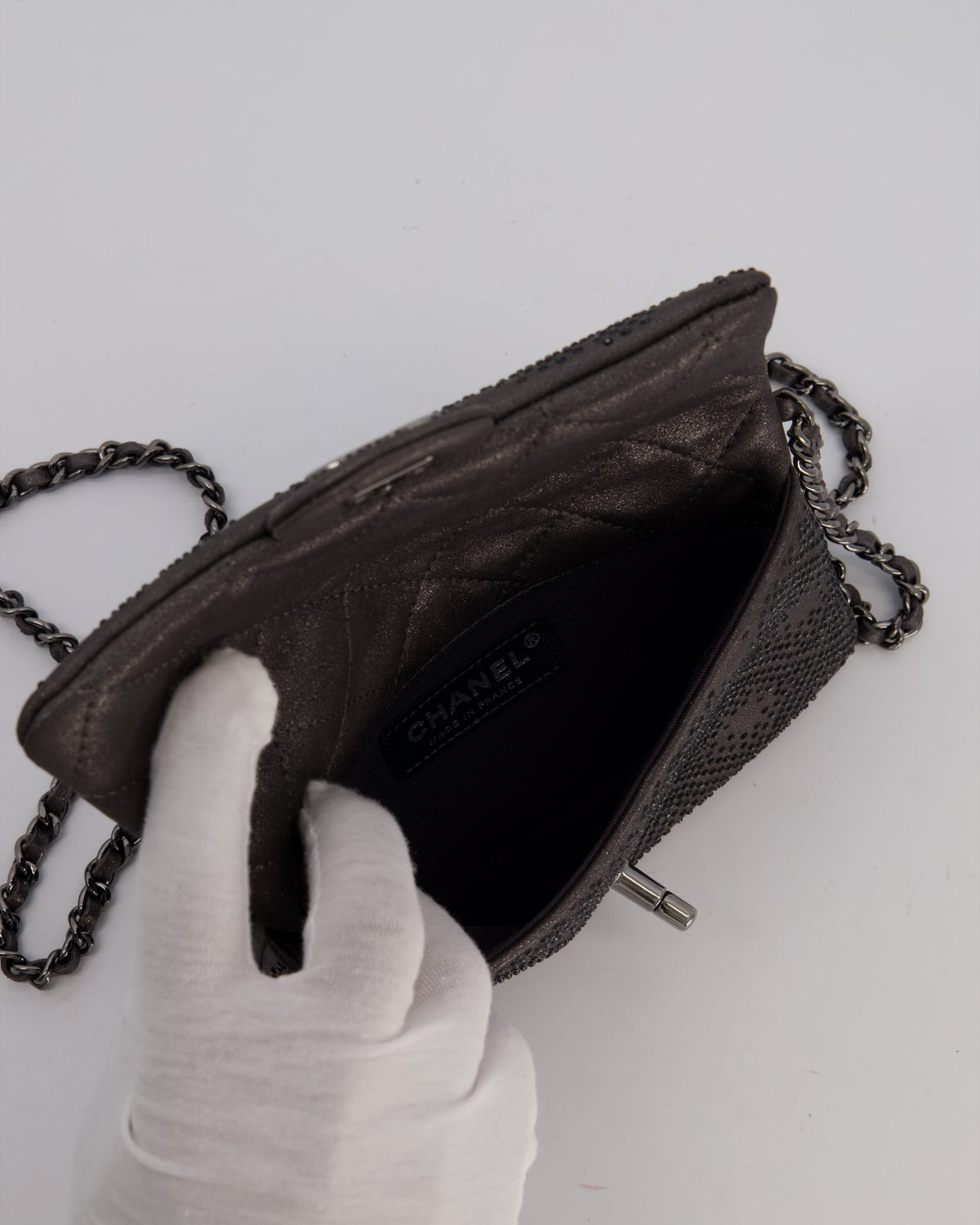 Chanel Grey Embellished Rhinestones Mini Flap Bag in Suede Leather With Gunmetal Hardware