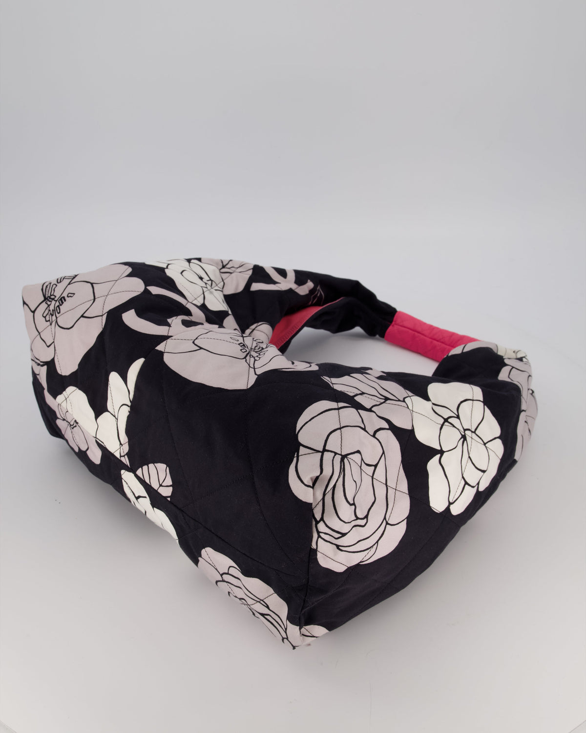 Chanel Black and White Camellia Large Hobo Bag in Fabric with Pink Interior and Gold Hardware
