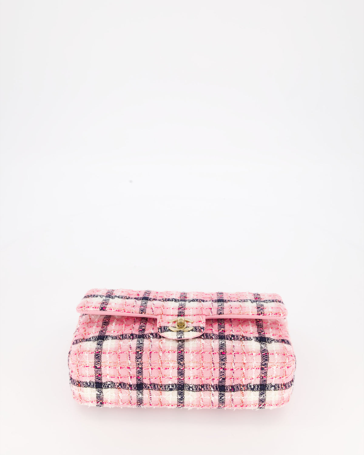 Chanel White, Pink & Black Multicolour Tweed Medium Classic Double Flap Bag with Champagne Gold Hardware