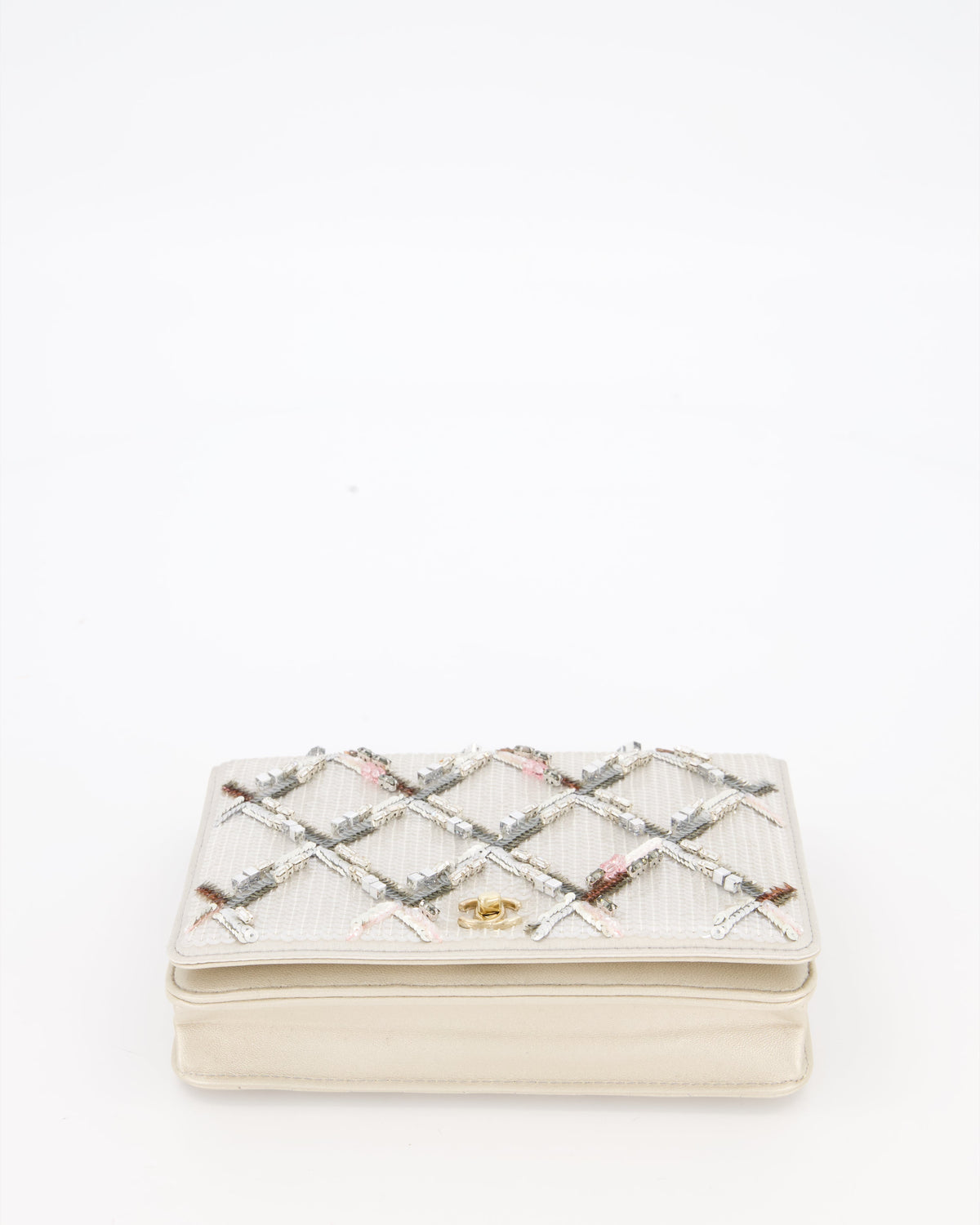 Chanel Silver Cruise Wallet on Chain Bag in Lambskin Leather with Sequin Embroidered and Champagne Gold Hardware