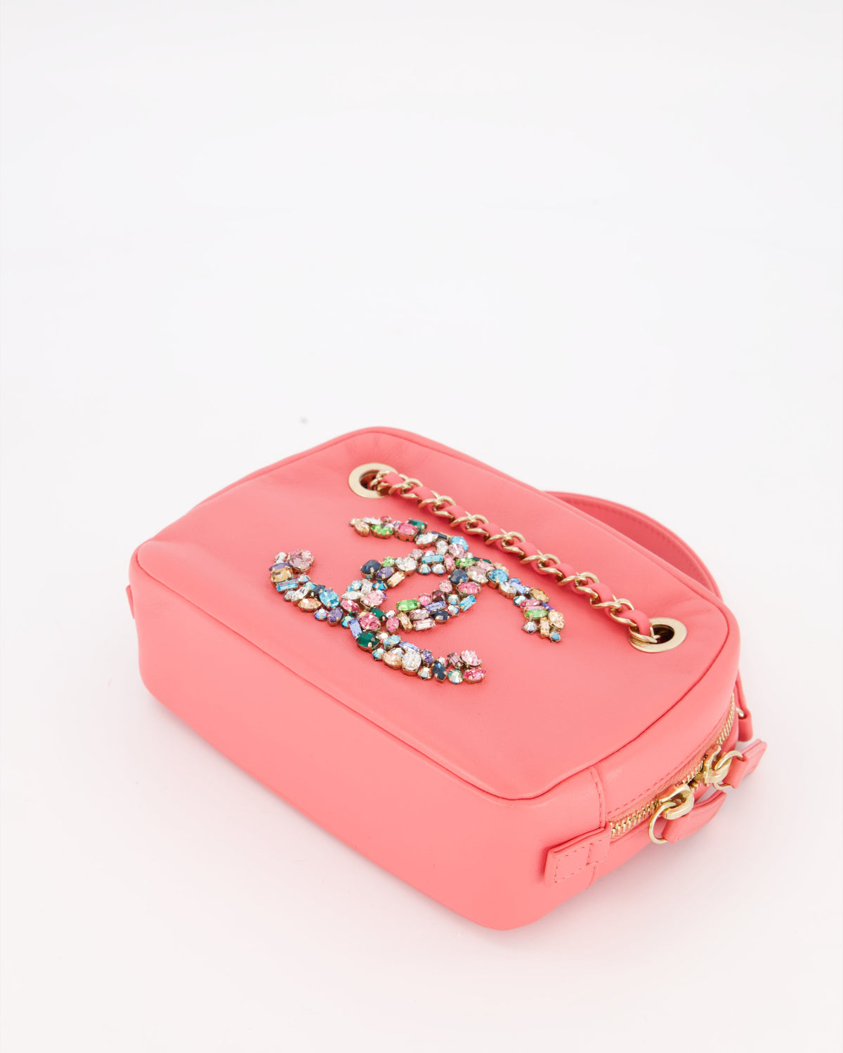 Chanel Coral Pink Small Camera Bag in Lambskin Leather with Multicolour Crystal CC Logo & Champagne Gold Hardware
