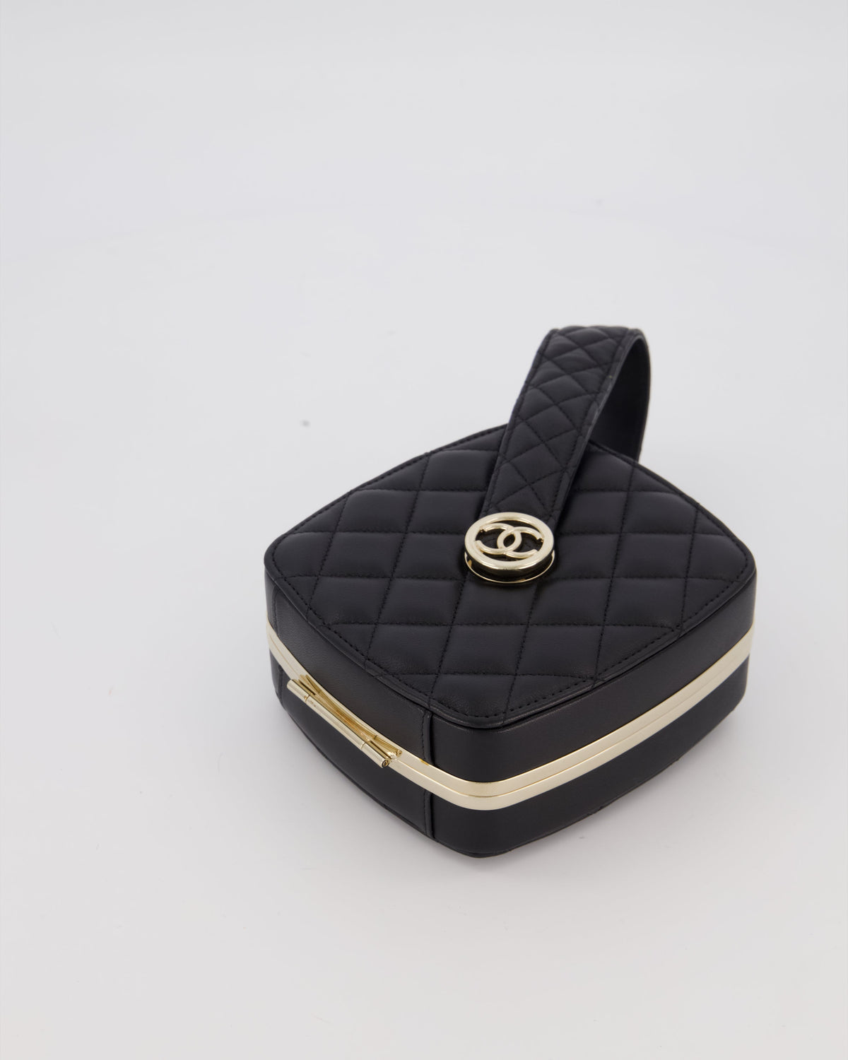 Chanel 22P Makeup Top Handle Clutch Bag in Black Lambskin with Champagne Gold Hardware and CC Logo Detail