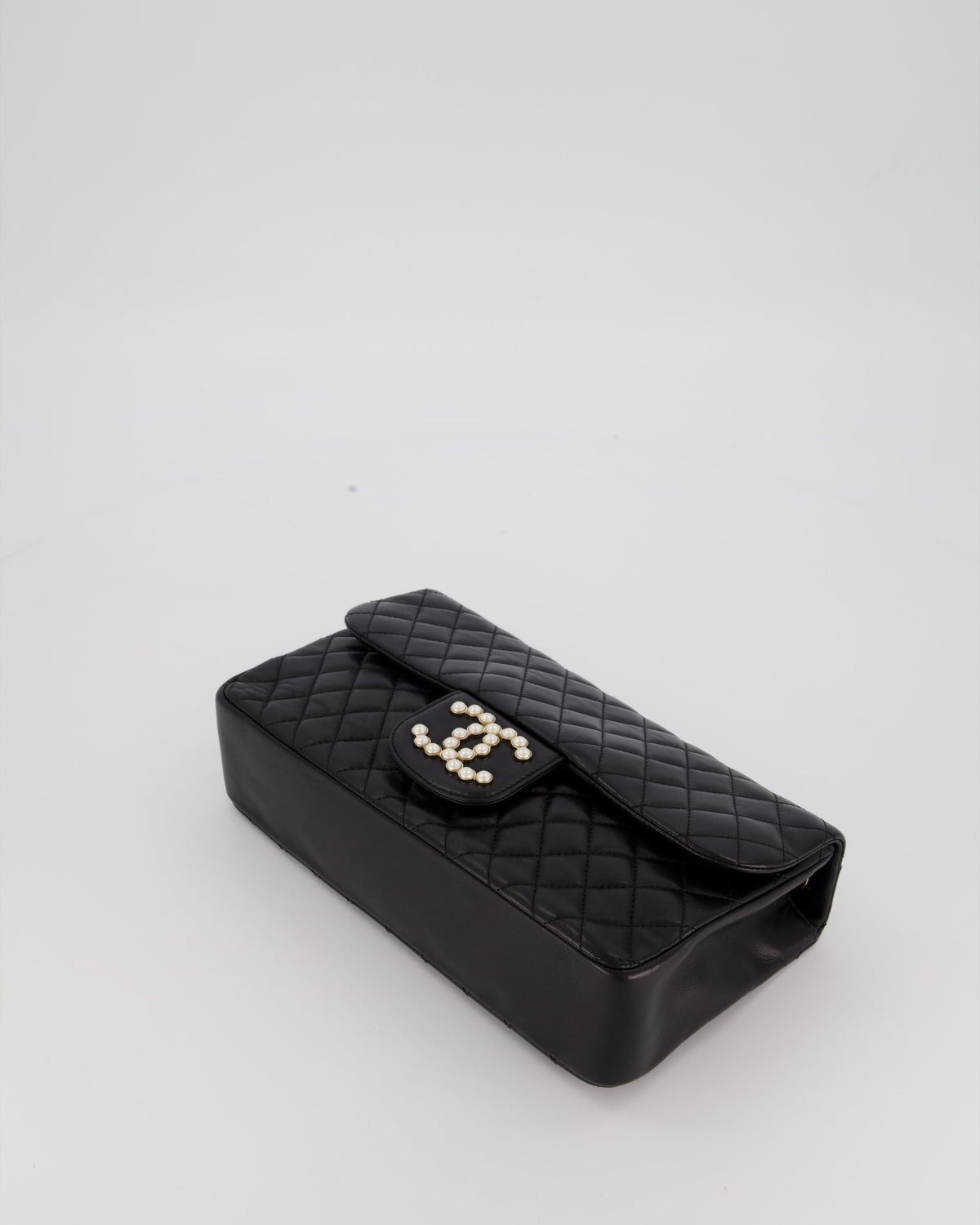 Chanel Black Medium Westminster Pearl Coco Single Flap Bag in Aged Lambskin Leather with Champagne Gold & Pearl Chain and CC Lock Details