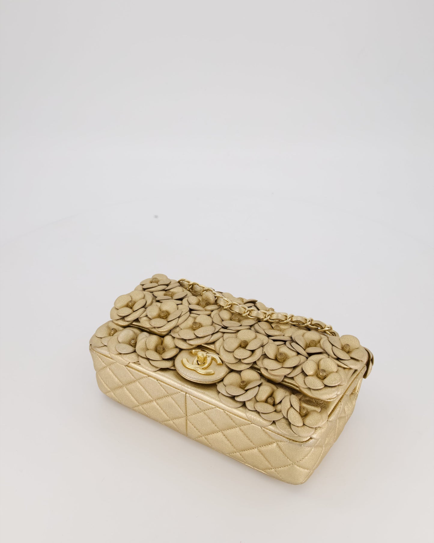 Chanel Camelia Flap Bag in Metallic Gold Lambskin Leather with Champagne Gold Hardware & Embellishment Details