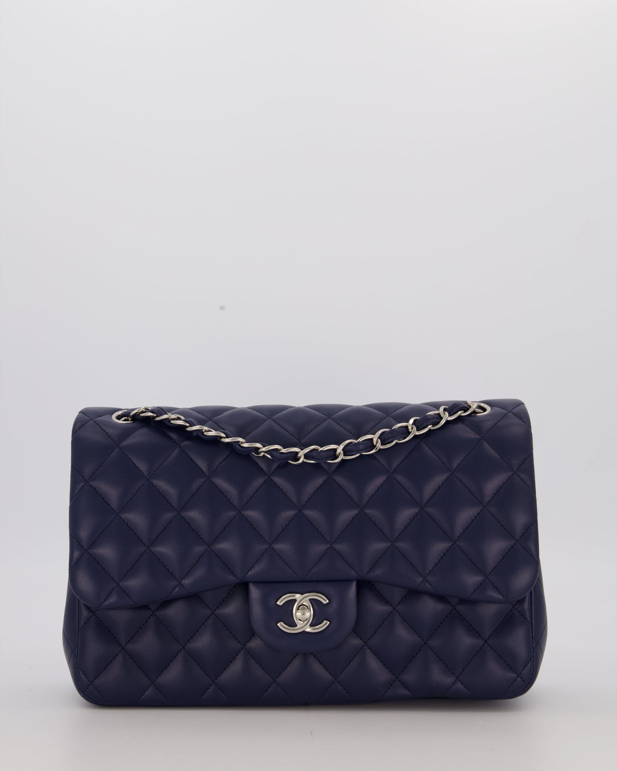 Chanel Navy Jumbo Classic Double Flap Bag in Lambskin Leather with Silver Hardware