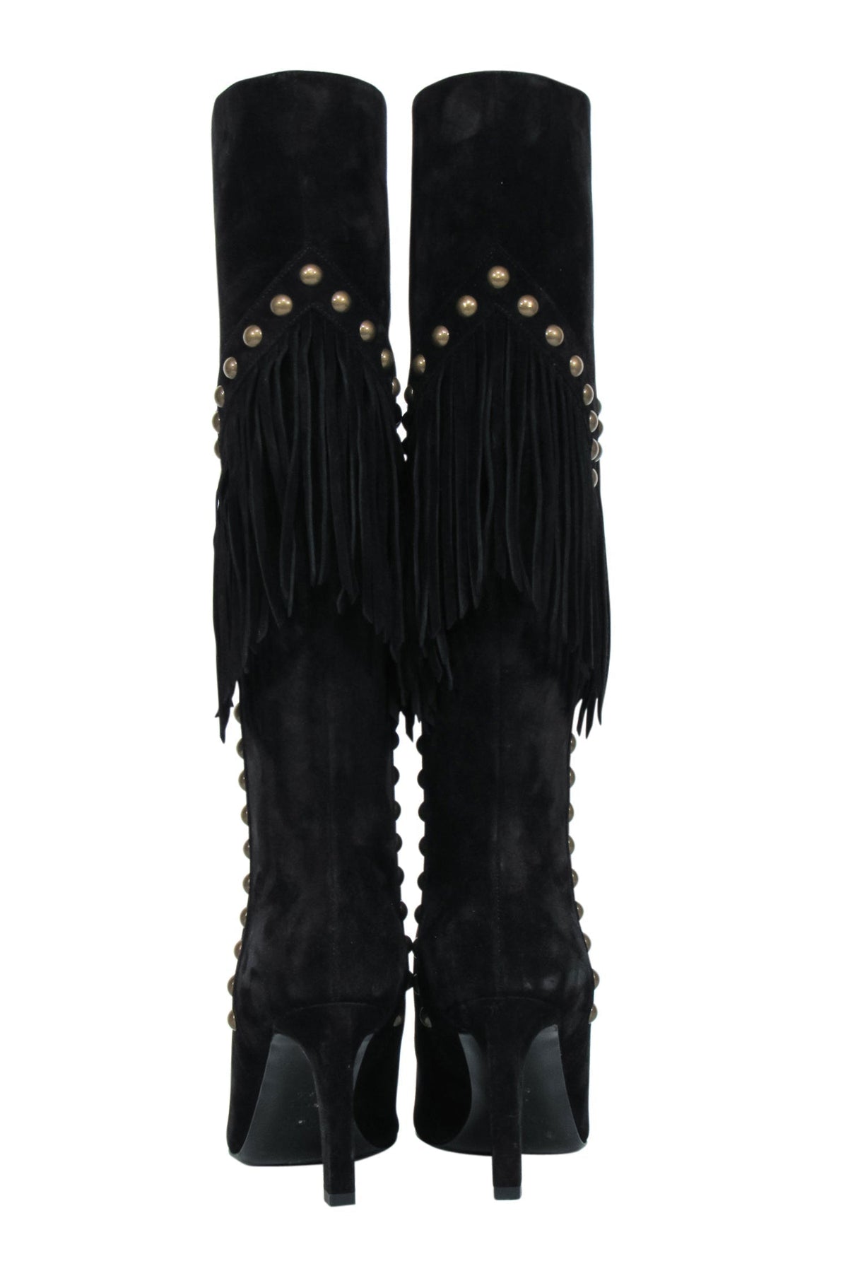 Saint Laurent - Black Suede Fringe Boots w/ Brass Studs Sz 6.5