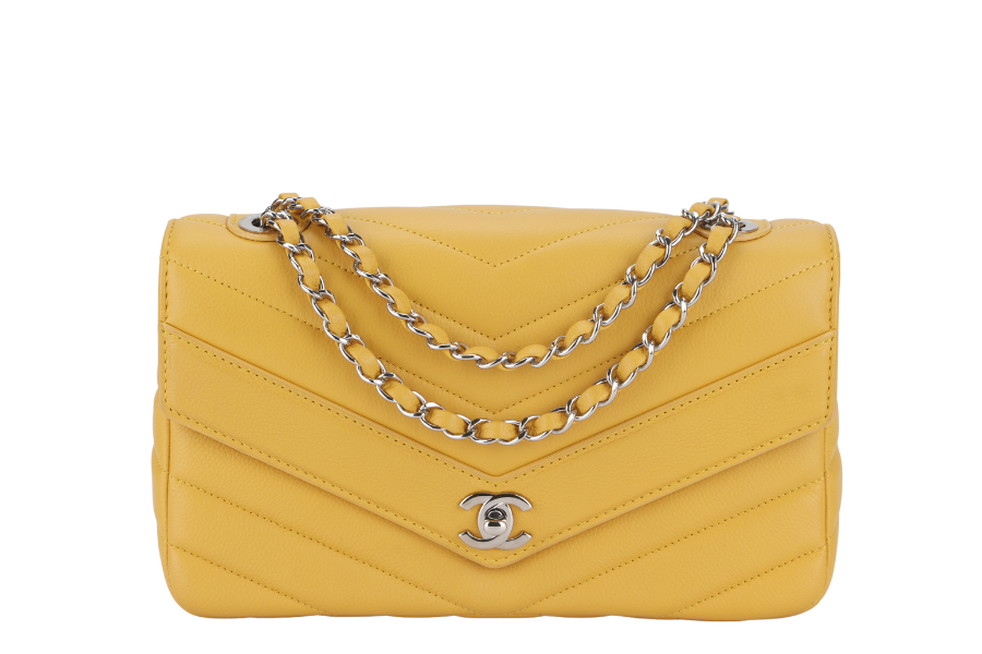 CHANEL CHEVRON FLAP (2432xxxx) MUSTARD MATTE CAVIAR SILVER HARDWARE WITH AND BOX