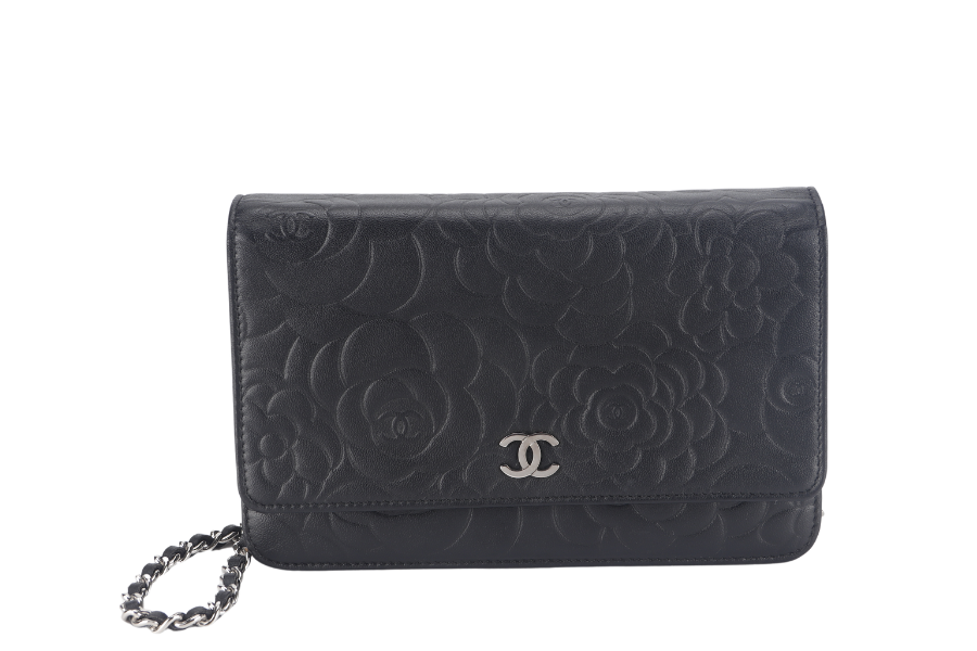 CHANEL CAMELLIA W.O.C (1609xxxx) BLACK EMBOSSED LAMBSKIN SILVER HARDWARE WITH AND BOX