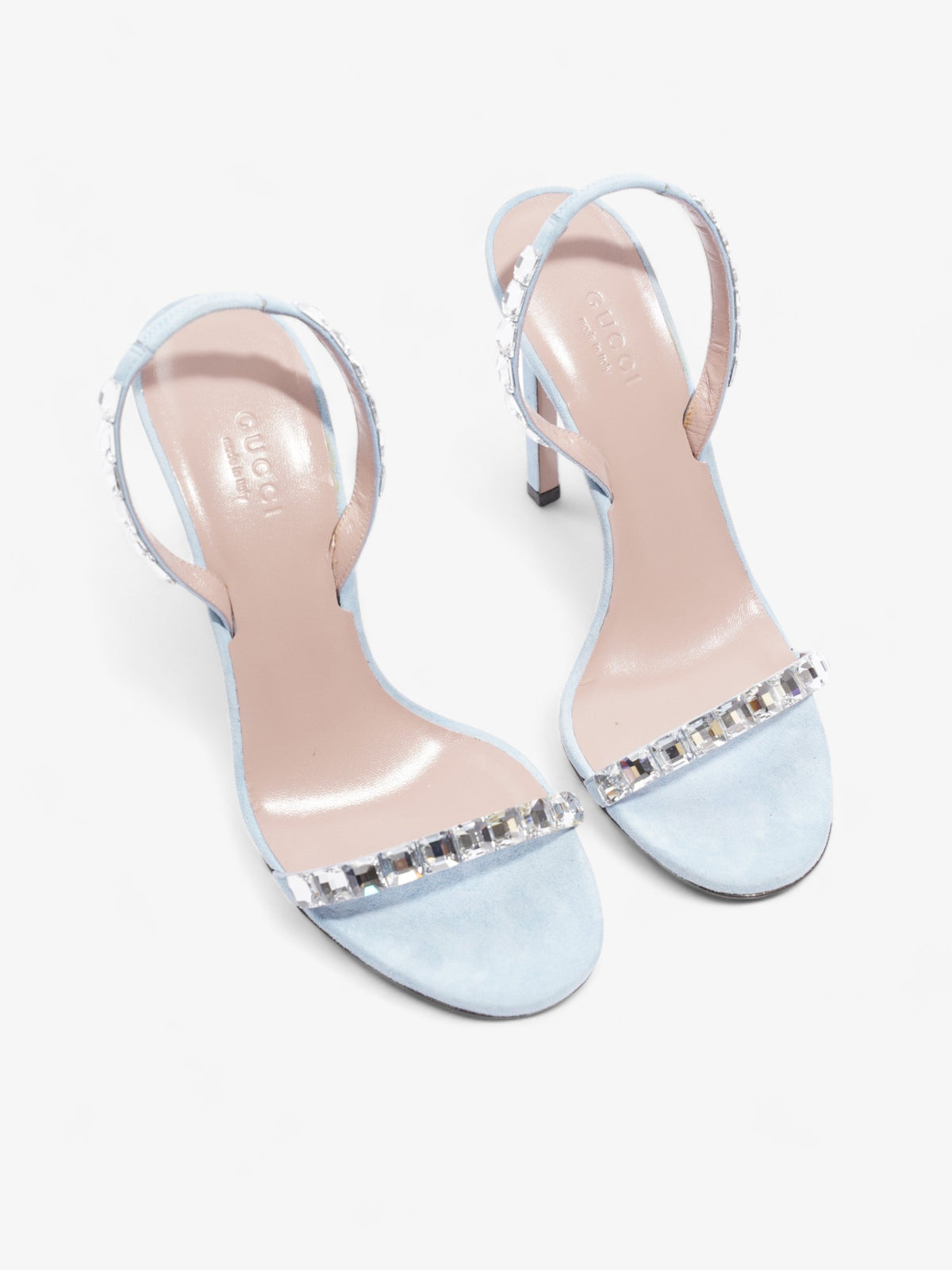 Gucci Kid Scamosciato Crystallo Mallory Slingback 100mm Mineral Blue Suede EU 37.5 UK 4.5