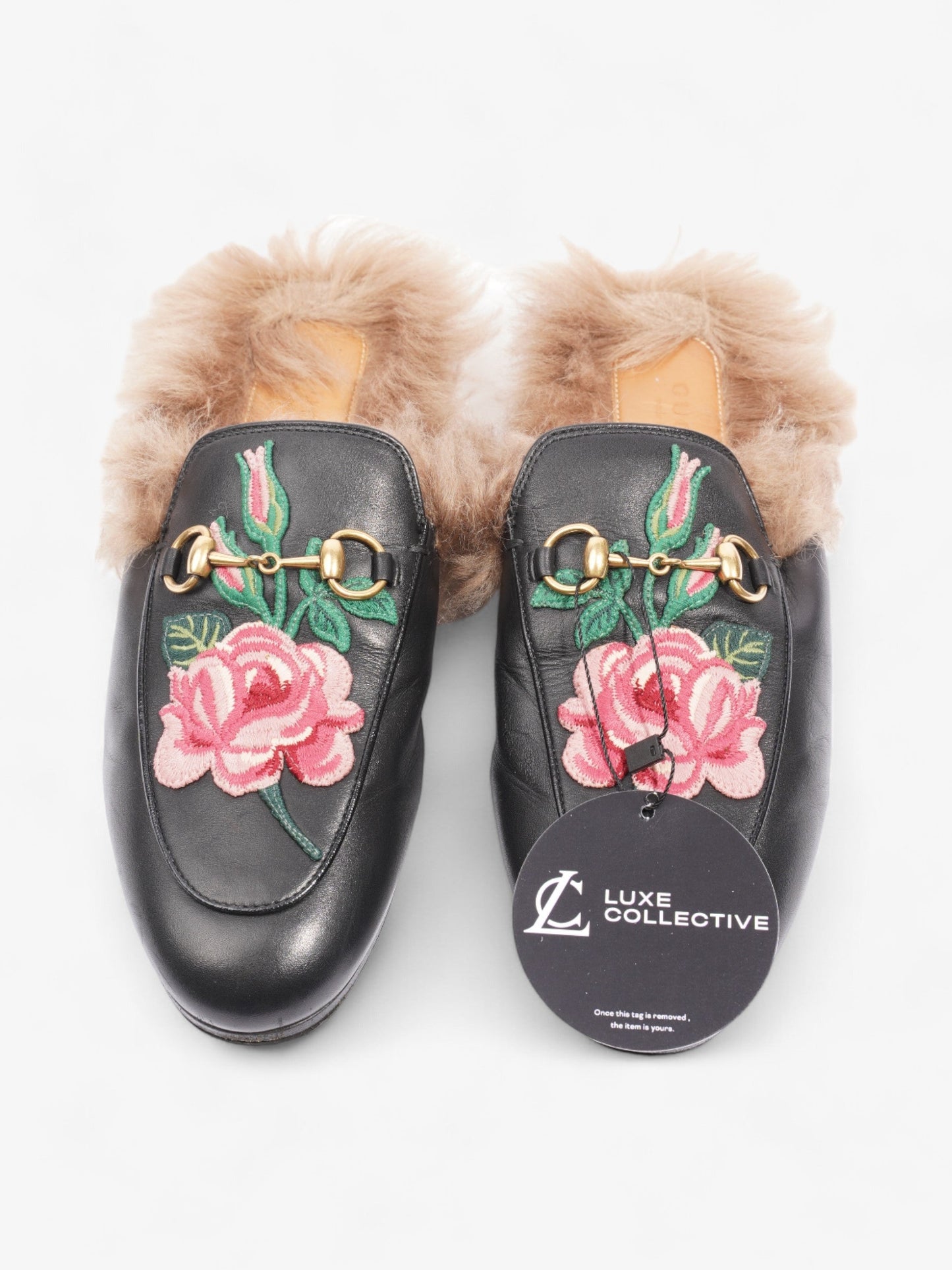 Gucci Princetown Rose Embroidered Horsebit Mules Black / Pink Leather EU 37 UK 4