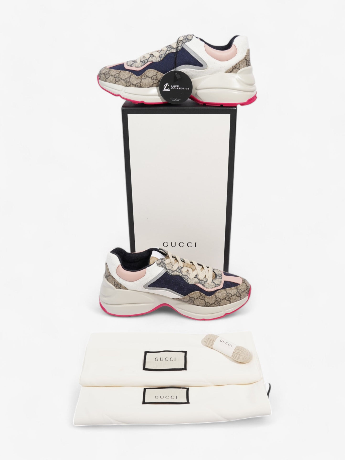 Gucci Rhyton Sneakers Beige / Navy / Pink Canvas EU 41 UK 7