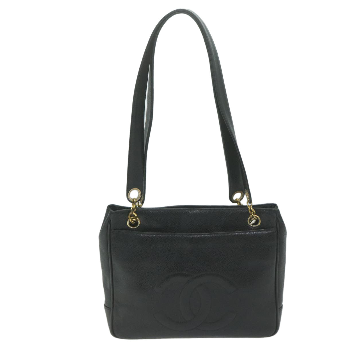 CHANEL Chain Turn Lock Shoulder Bag Caviar Skin Black CC Auth ar11351