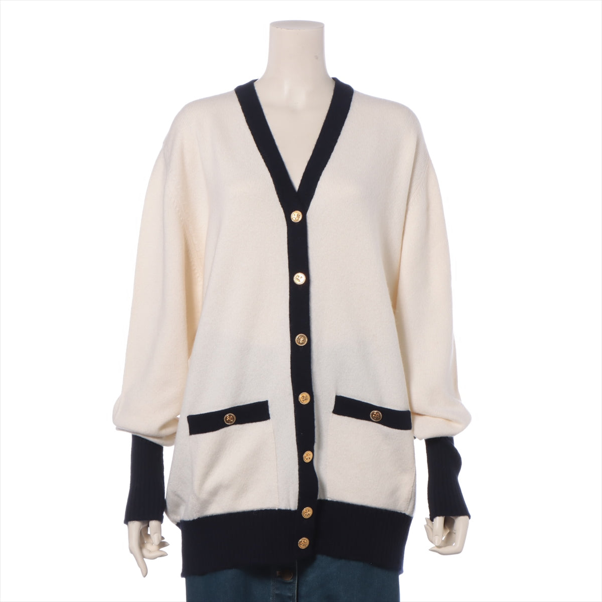 Chanel Cashmere Cardigan 3 Ivory X Navy Clover Button