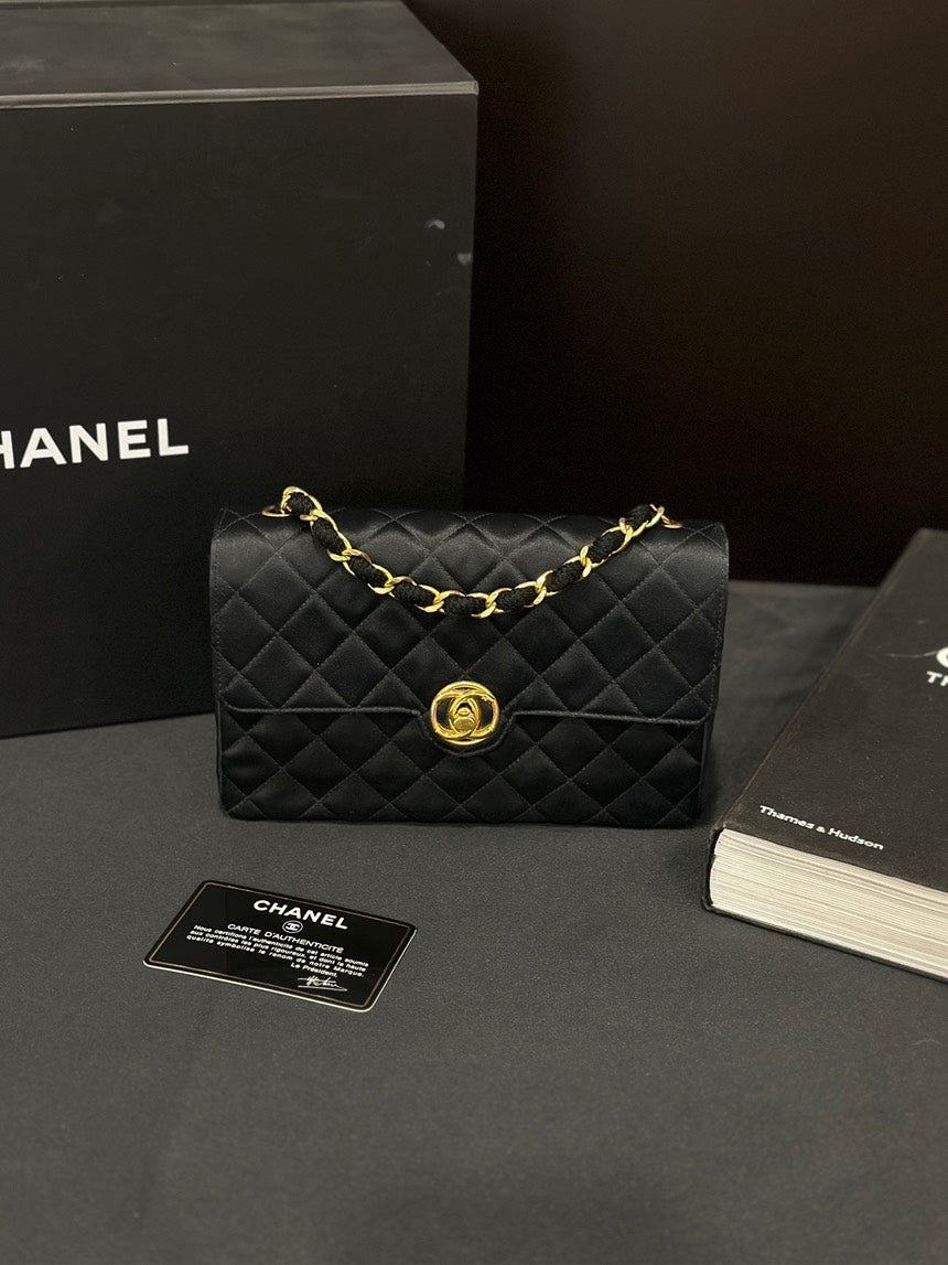 Chanel CF Chain Bag Black Gold Satin Circular Turnlock Buckle