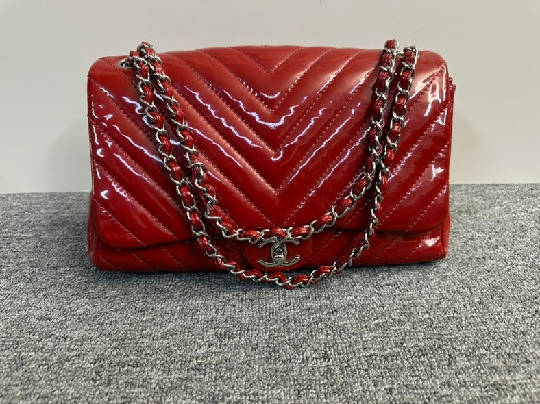Chanel Chevron Red Patent Leather Shoulder Bag