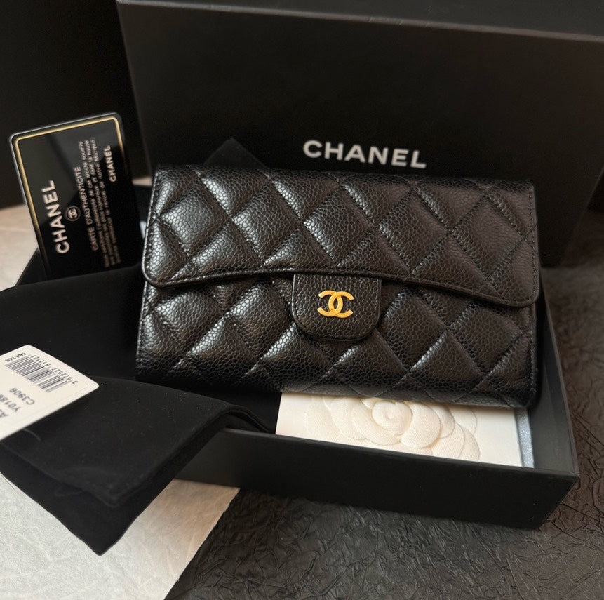 Chanel Caviar Long Wallet Black Quilted Wallet Full Set with Card #22