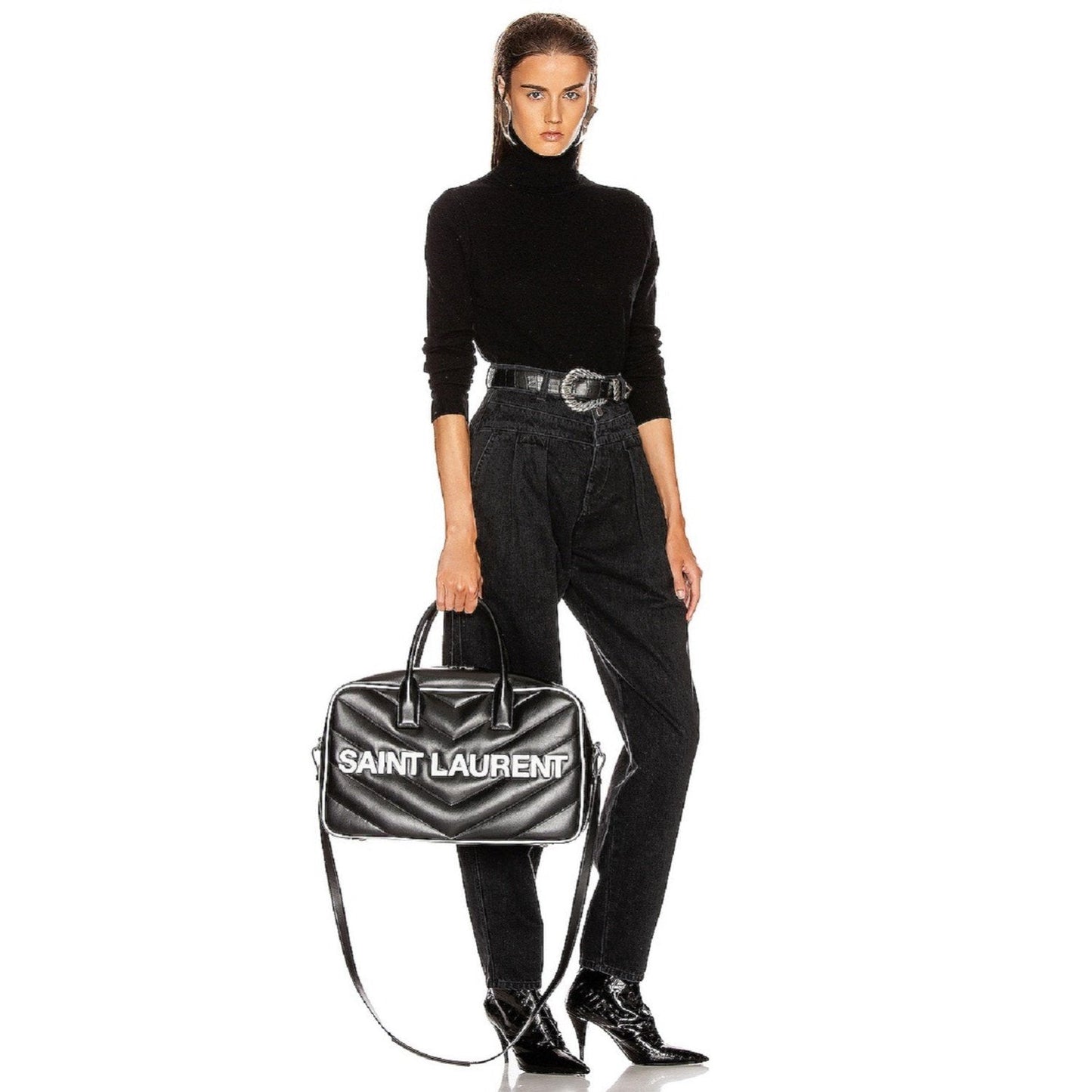Saint Laurent Miles Logo Black Calf Leather Duffel Bowling Bag 525145