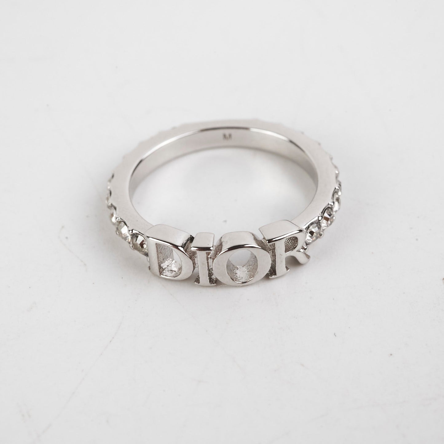 Christian Dior Logo Silver Rhinestone Ring Size M Costume Jewellery