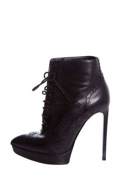 Yves Saint Laurent Black Leather Lace-Up Pointed-Toe Boots SZ 39
