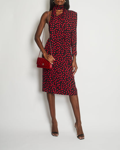 Saint Laurent Black, Red Polkadot Silk Off-Shoulder Midi Dress With Scarf Size FR 40 (UK 12)