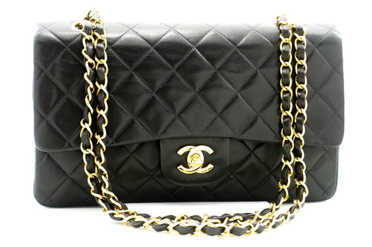 CHANEL Classic Double Flap 10" Chain Shoulder Bag Black Lambskin