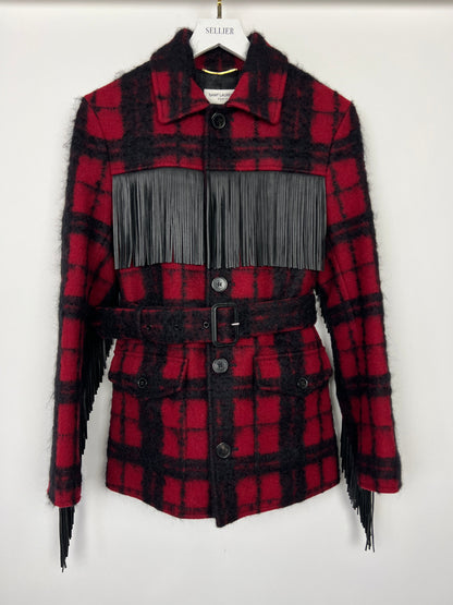 Saint Laurent Red & Black Lumberjack Jacket with Leather Fringe and Belt Details Size FR 38 (UK 10)