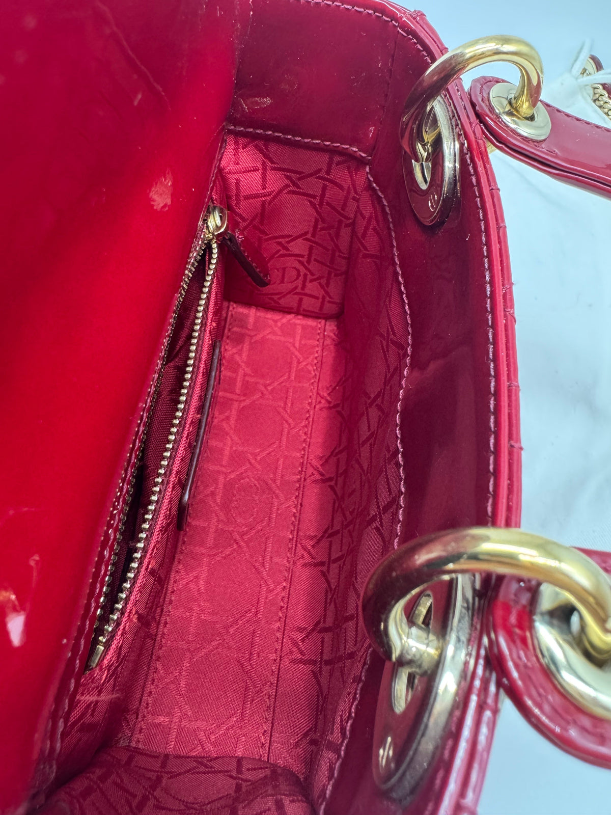 Pre-owned Certified Lady Dior Mini Dark Cherry Red Patent Leather Golden Hardware, 2017, w/ full set