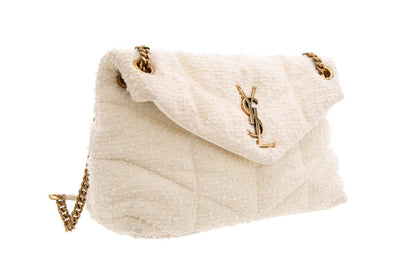 YSL Cream Boucle Tweed Quilted Loulou Puffer Handbag
