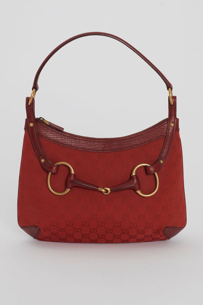 Gucci Vintage Red Monogram Canvas Horse-Bit Hobo Bag