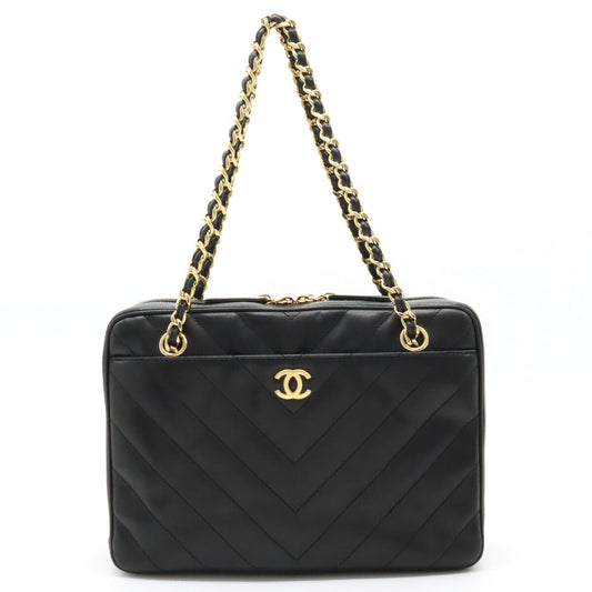 Chanel Chevron Leather Coco Mark 2way Chain Bag Black Gold Hardware