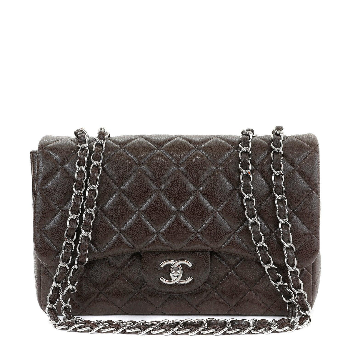 Chanel Chocolate Brown Caviar Jumbo Classic w/ Silver Hardware