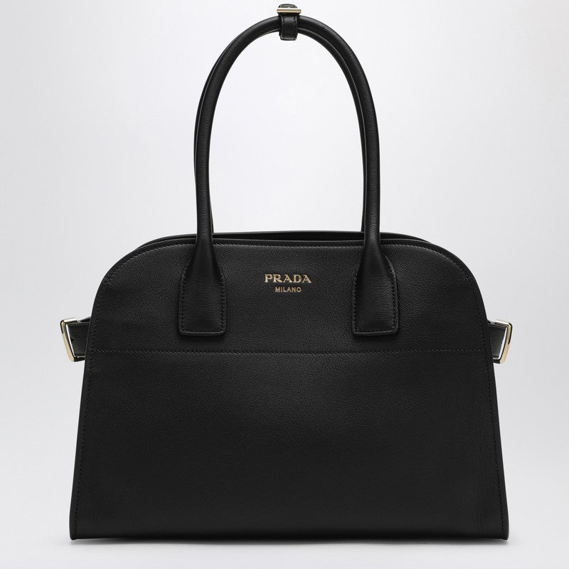 Prada Medium Black Leather Shopping Bag With Buckles Women