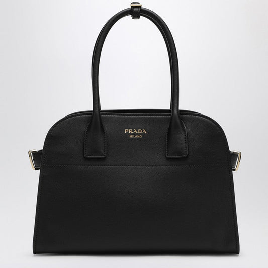 Prada Medium Black Leather Shopping Bag With Buckles Women