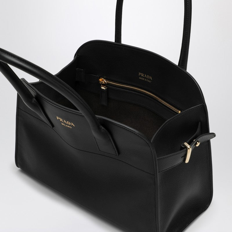 Prada Medium Black Leather Shopping Bag With Buckles Women
