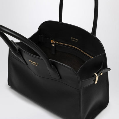 Prada Medium Black Leather Shopping Bag With Buckles Women