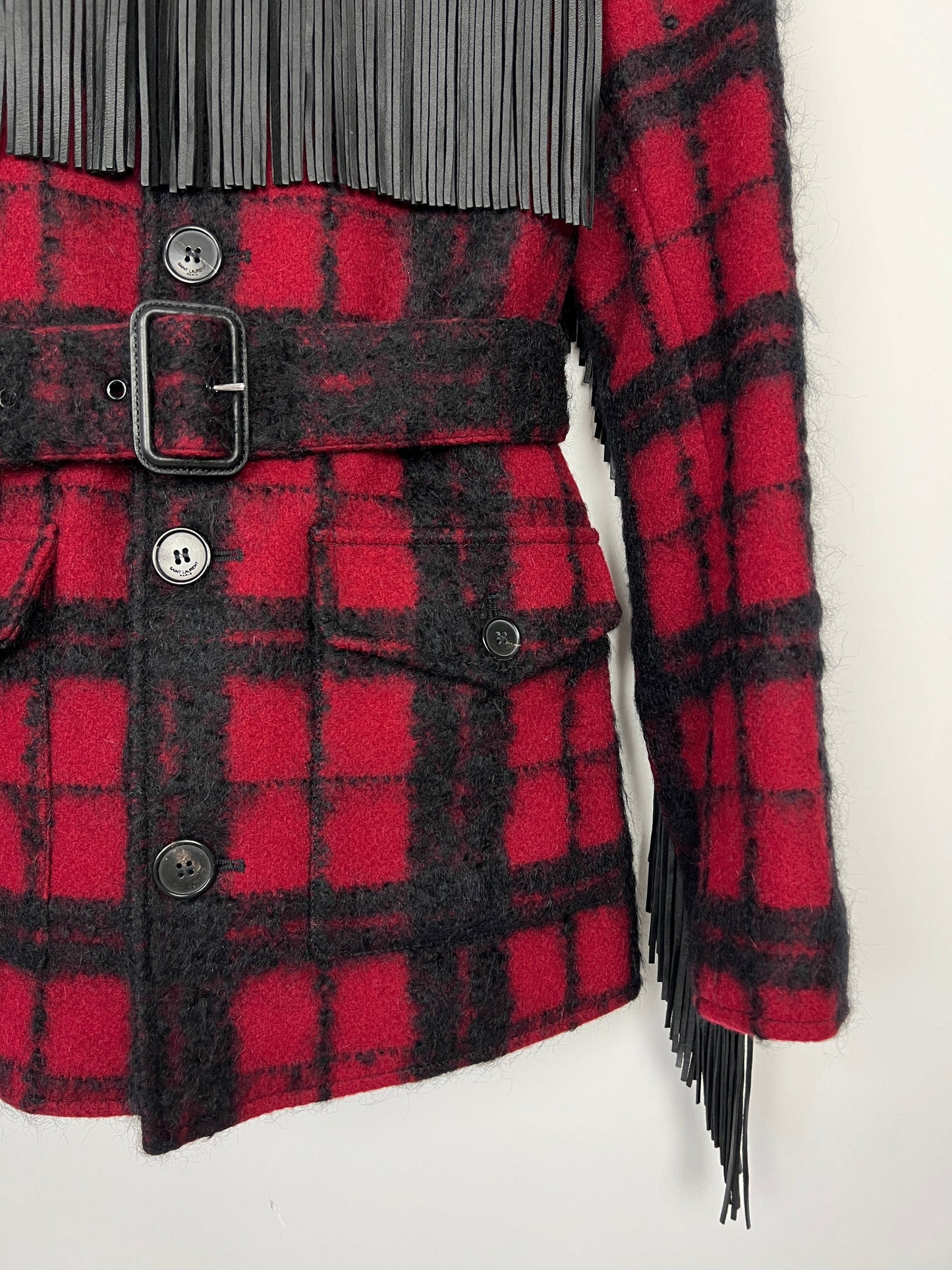 Saint Laurent Red & Black Lumberjack Jacket with Leather Fringe and Belt Details Size FR 38 (UK 10)