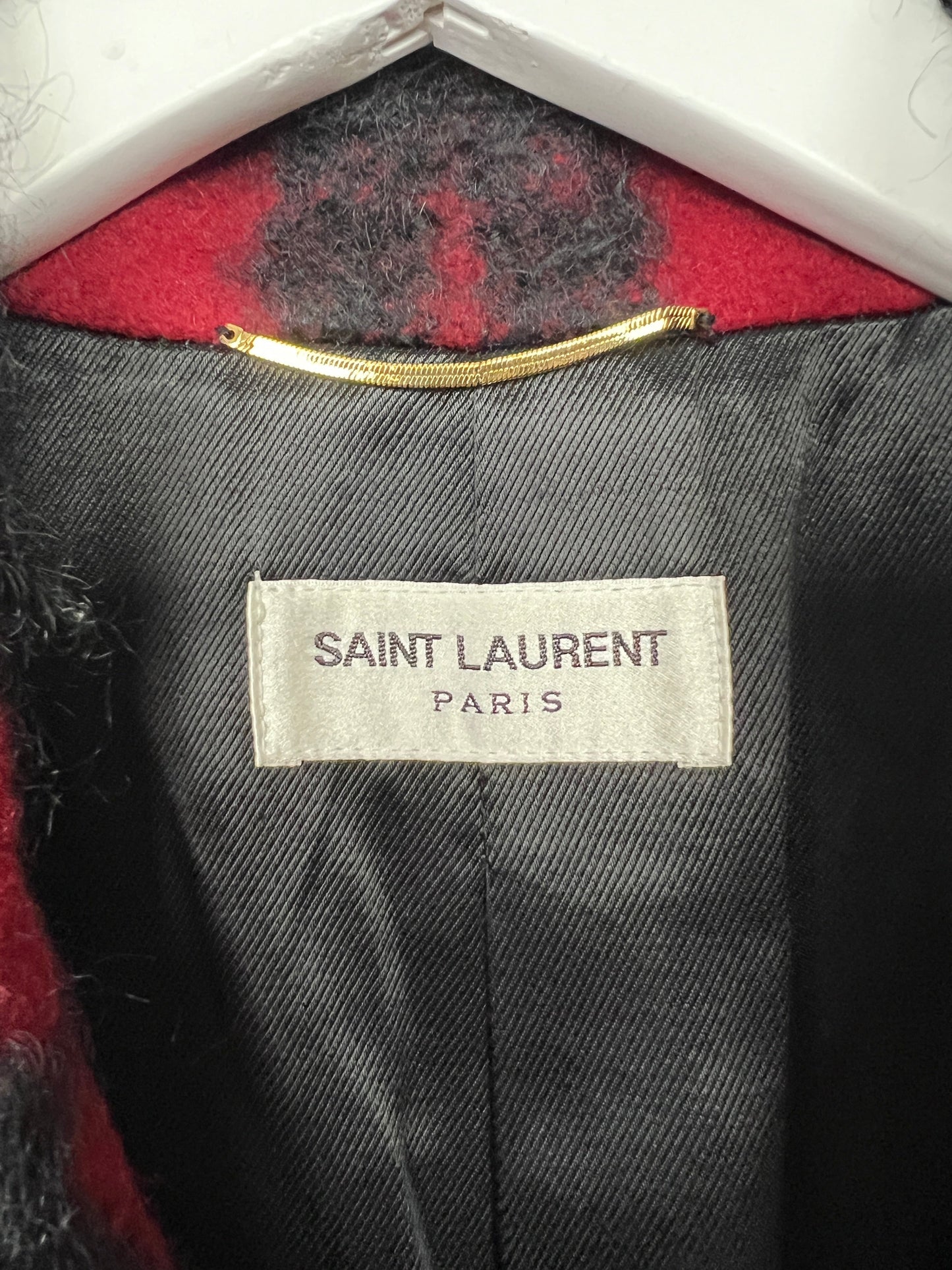 Saint Laurent Red & Black Lumberjack Jacket with Leather Fringe and Belt Details Size FR 38 (UK 10)