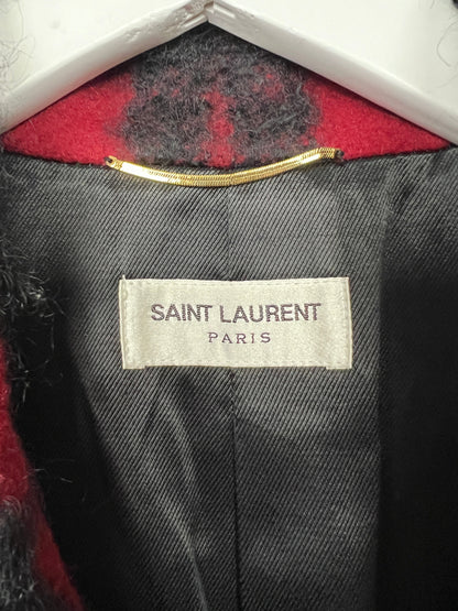 Saint Laurent Red & Black Lumberjack Jacket with Leather Fringe and Belt Details Size FR 38 (UK 10)