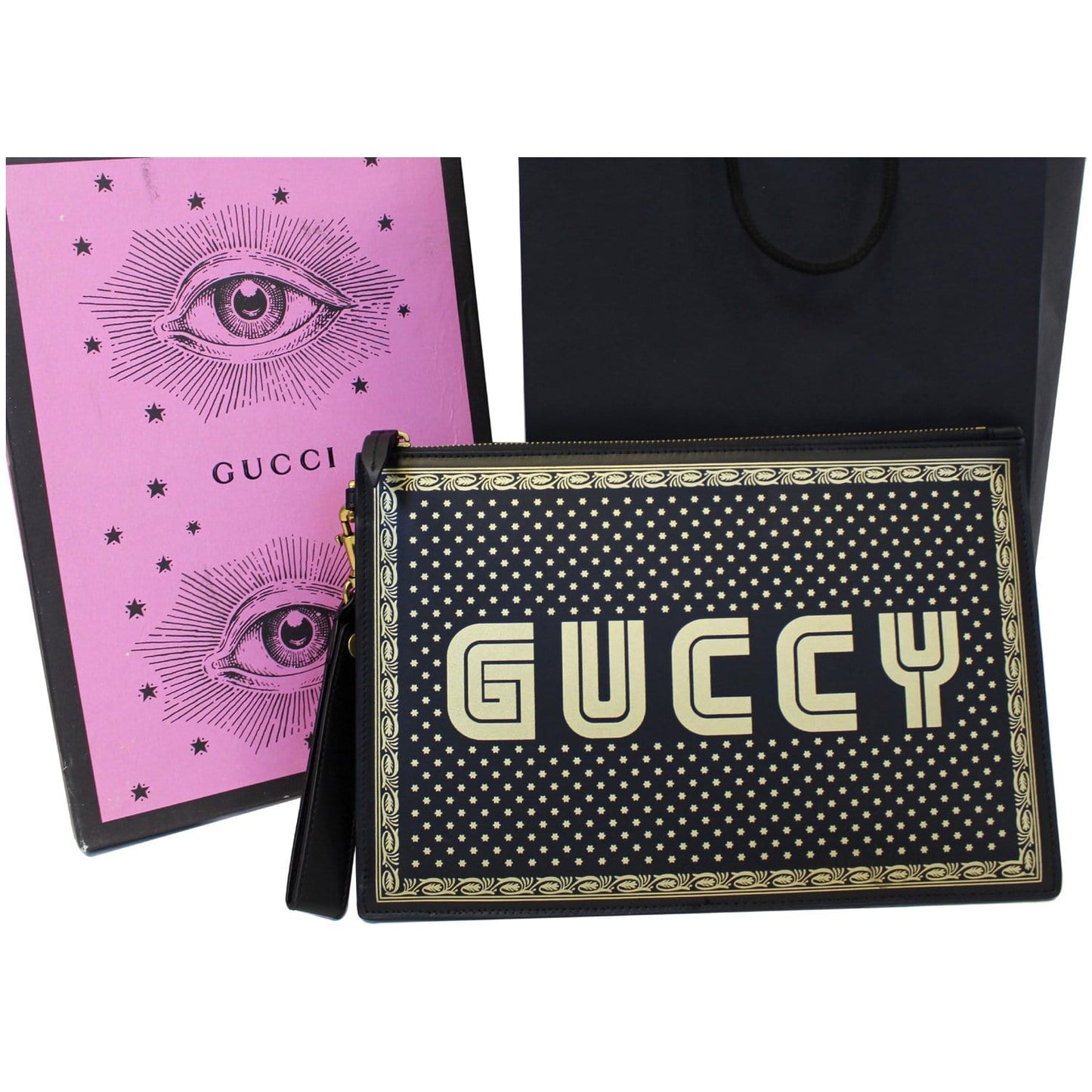 GUCCI GUCCY Star Print Leather Clutch Bag Black 510489 - Last Call