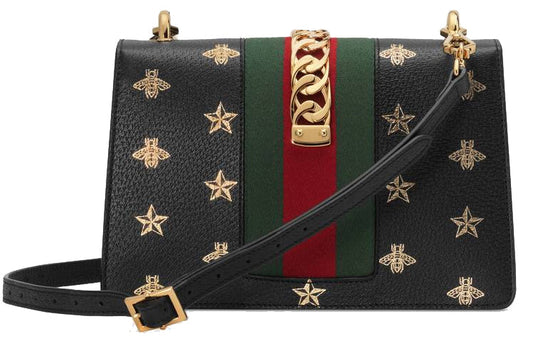 (WMNS) GUCCI Sylvie Gold buckle Bee Pattern Stripe Webbing Bow handbag Small Black Classic 524405-DJ2RG-8571