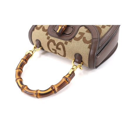 Gucci Bamboo 1947 Small Jumbo GG Hand Shoulder Bag Canvas Leather Camel Ebony 675797
