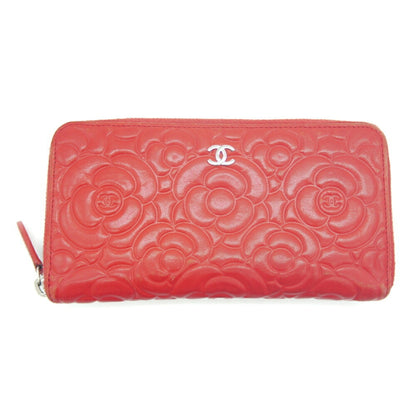 CHANEL camellia embossed round long wallet lambskin red A82281