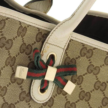 Gucci GG Canvas Princie Tote Bag Handbag Sherry Line Ribbon Leather Brown x Beige 161719 204046