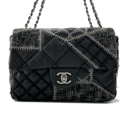 Chanel Chain Shoulder Bag Coco Mark Patchwork Tweed Lambskin CHANEL Black