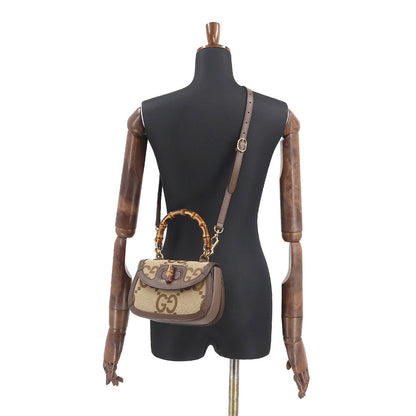 Gucci Bamboo 1947 Small Jumbo GG Hand Shoulder Bag Canvas Leather Camel Ebony 675797