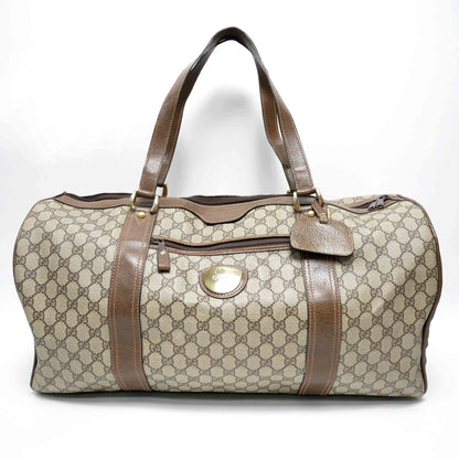 GUCCI Old Gucci Vintage Travel Bag Boston Unisex 1970's 70'S GG Pattern / Pigskin Gold Hardware Brown Beige