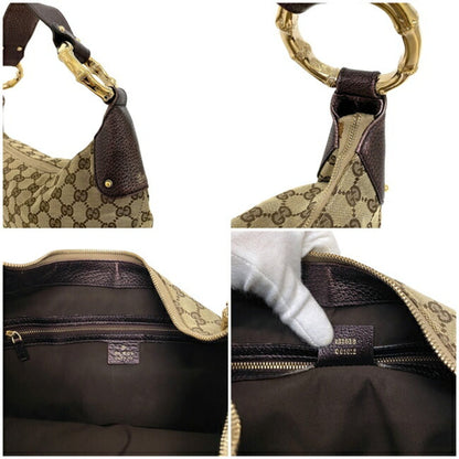 Gucci One Shoulder Bag Beige Purple Gold GG 131038 Bamboo Canvas Leather GUCCI Handbag Metallic Motif Dark