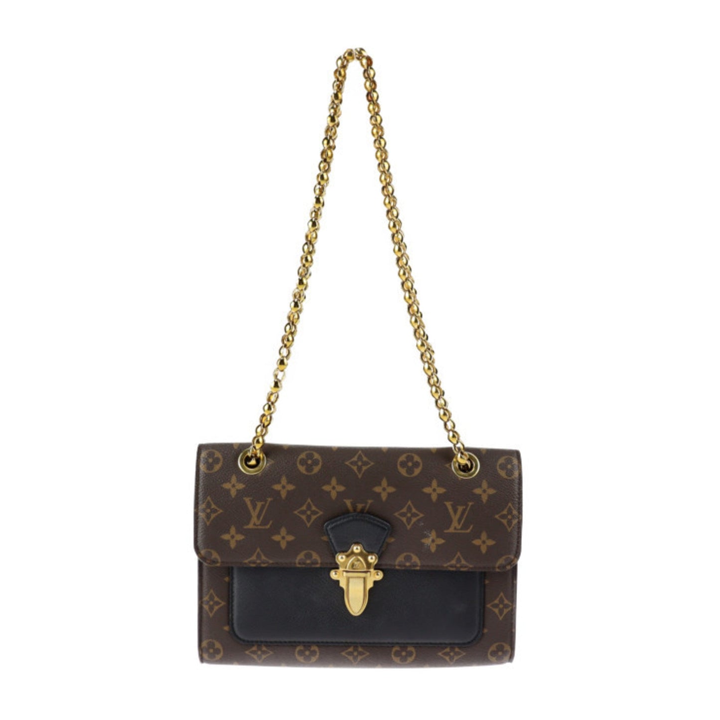 LOUIS VUITTON Victoire Shoulder Bag M41730 Monogram Canvas Calfskin Brown Black Gold Hardware Chain