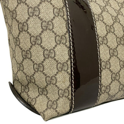 Gucci Tote Bag Beige Brown GG Supreme 203521 PVC Patent Leather GUCCI Handbag Plus Charm Enamel Ribbon Ladies