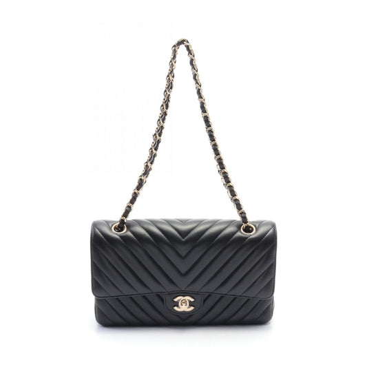CHANEL Chevron V-stitch W-flap shoulder bag, lambskin, women's, black